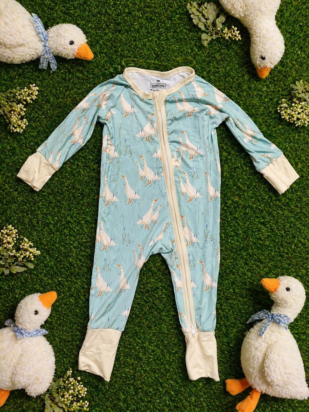 NWOT Light Blue Goose Print One-Piece Bamboo Pajamas
